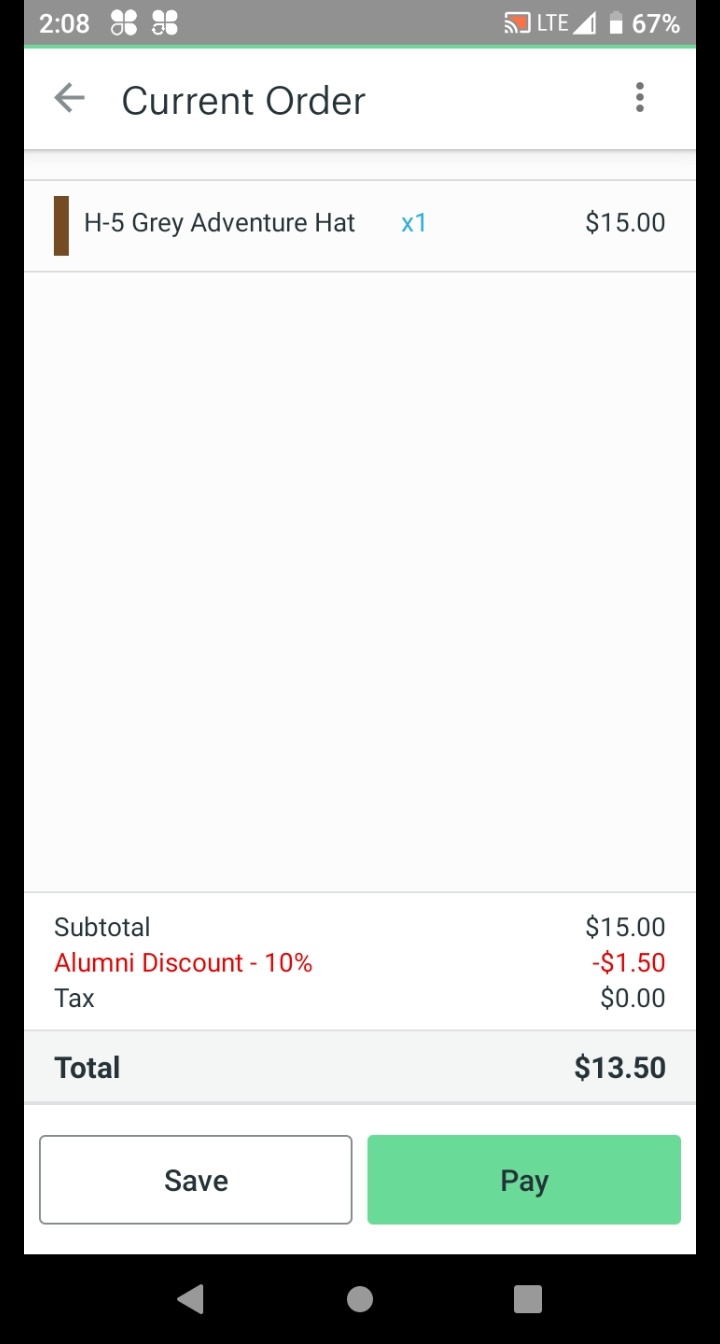 Current Order screen showing H-9 Crown Beanie (Silver) with Alumni Discount 10% in red at -$3.00 and Total updated to $27.00.